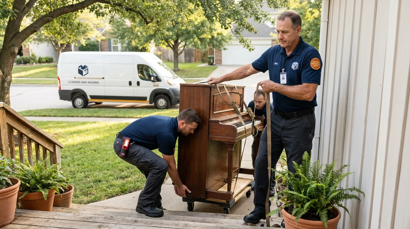 Licensed piano movers securing grand piano in Appomattox, VA