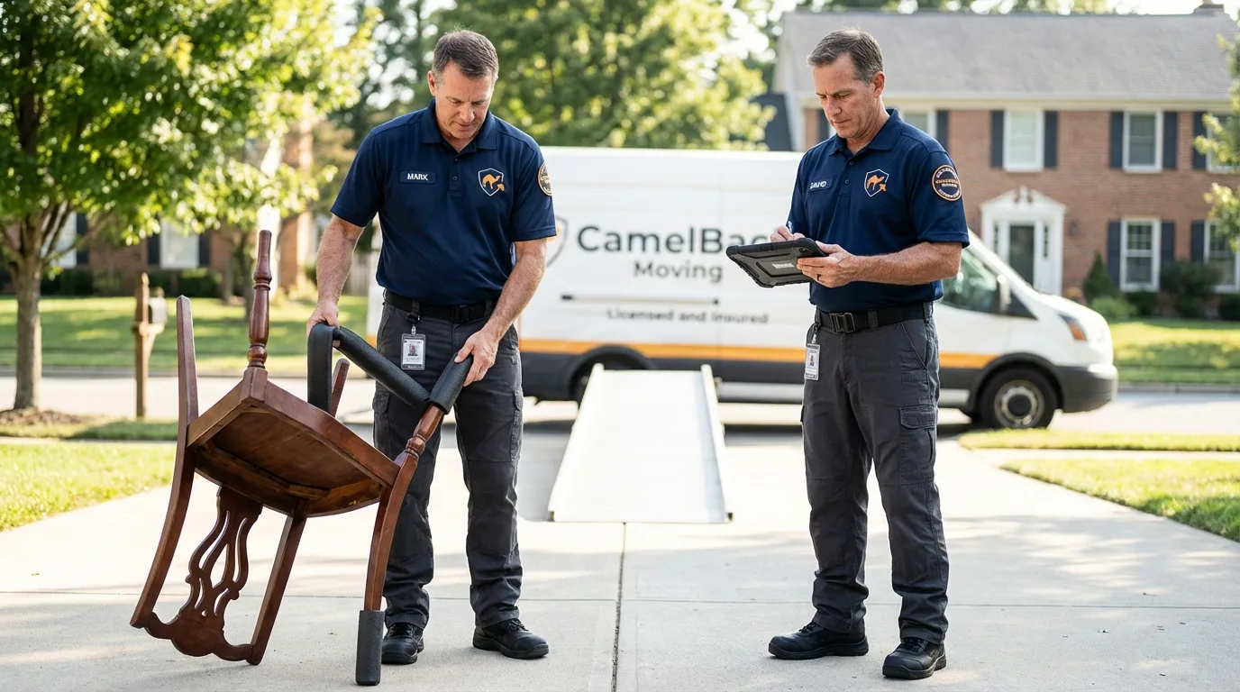 Movers inspecting furniture for damage prevention before loading in Appomattox, VA